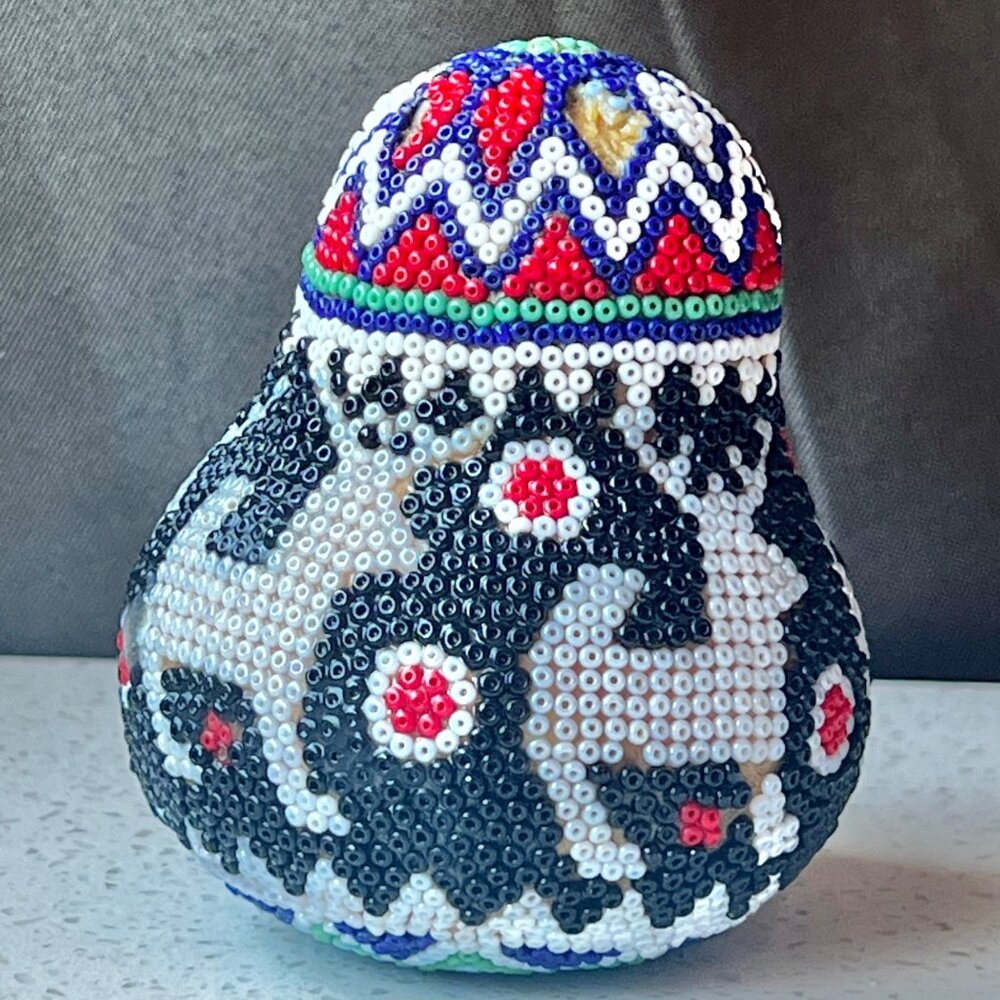Handcrafted Beaded Gourd Sculpture With Colorful Geometric & Animal Patterns - Picture 2 of 8